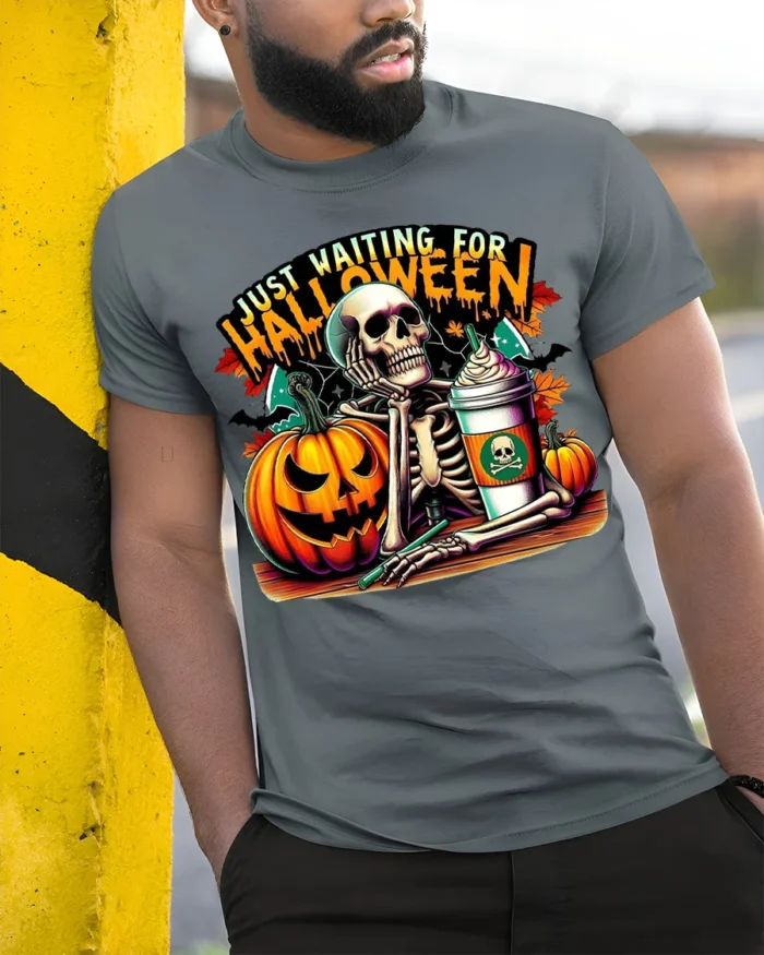 Halloween Skeleton T-Shirt Just Waiting Pumpkin Cup - model in grey shirt leaning against column