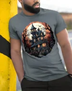 Halloween Haunted Mansion T-Shirt Spooky Moon Night - model in grey shirt leaning against column