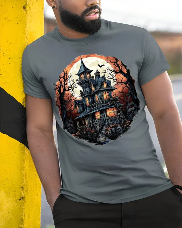 Halloween Haunted Mansion T-Shirt Spooky Moon Night - model in grey shirt leaning against column