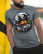 Halloween Pumpkin Witch T-Shirt Spooky Ghost Design - model in grey shirt leaning against column