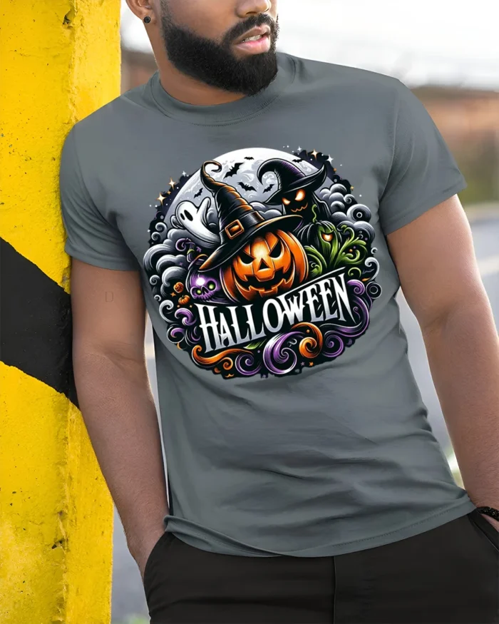 Halloween Pumpkin Witch T-Shirt Spooky Ghost Design - model in grey shirt leaning against column