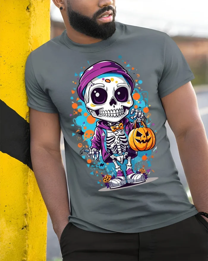 Halloween Cute Skeleton T-Shirt with Pumpkin Bag - model in grey shirt leaning against column