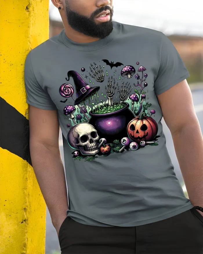 Halloween Skull Pumpkin Cauldron T-Shirt Creepy Fun - model in grey shirt leaning against column