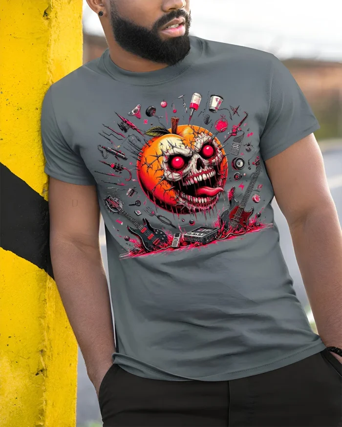 Halloween Evil Pumpkin Skull T-Shirt Horror Rock Style - model in grey shirt leaning against column