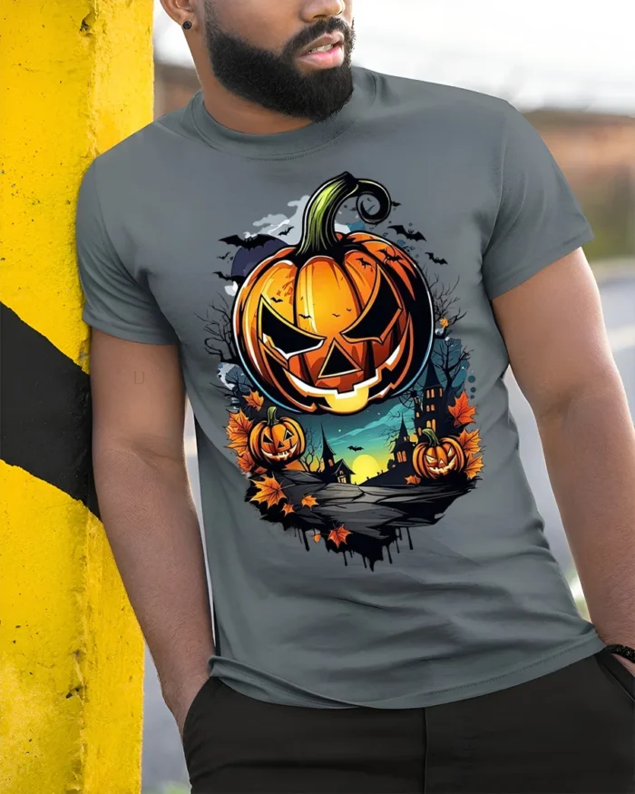 Halloween Jack O Lantern T-Shirt Haunted Night Scene - model in grey shirt leaning against column