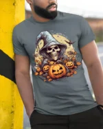Halloween Grim Reaper Pumpkin T-Shirt Spooky Night - model in grey shirt leaning against column