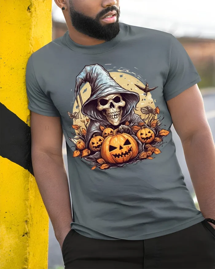 Halloween Grim Reaper Pumpkin T-Shirt Spooky Night - model in grey shirt leaning against column