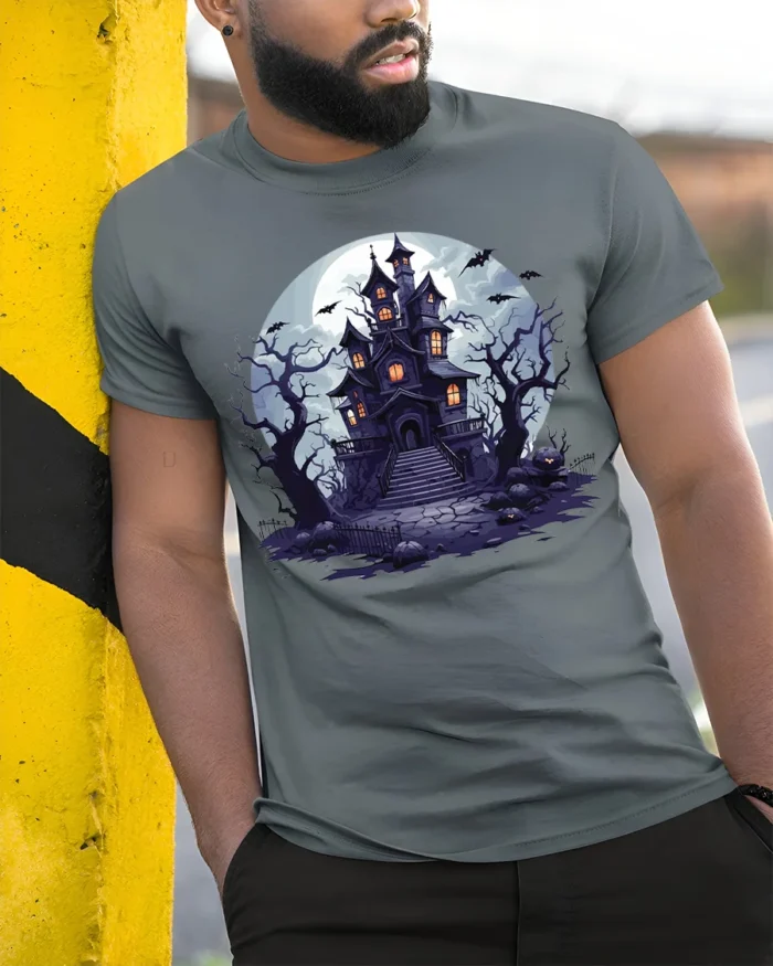 Halloween Haunted House T-Shirt Spooky Night Scene - model in grey shirt leaning against column