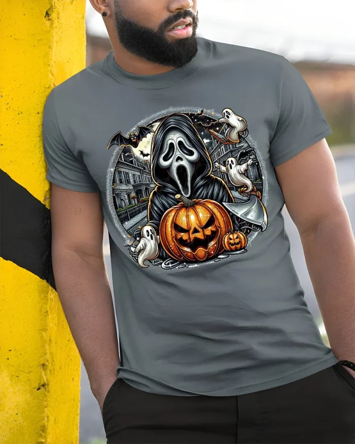 Halloween Ghost Face Pumpkin T-Shirt Scary Night - model in grey shirt leaning against column