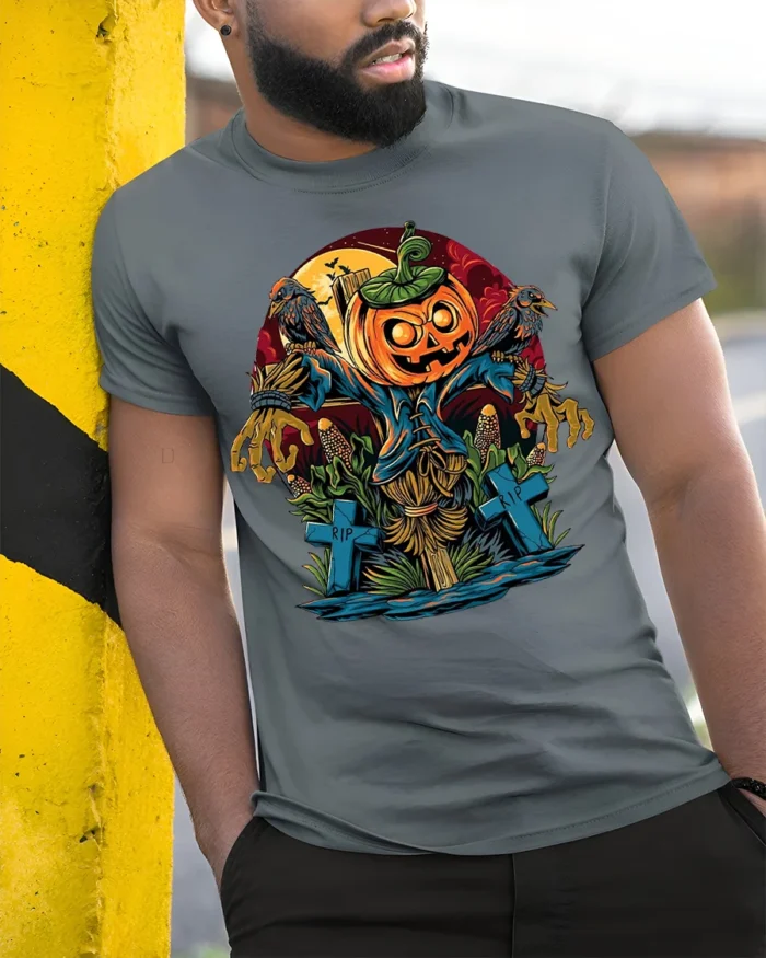 Halloween Scarecrow Pumpkin T-Shirt Creepy Graveyard - model in grey shirt leaning against column