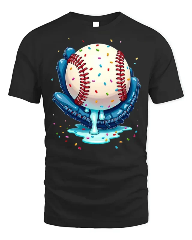 Baseball Ice Cream Drip Glove Graphic T-Shirt Black - black t-shirt on white background