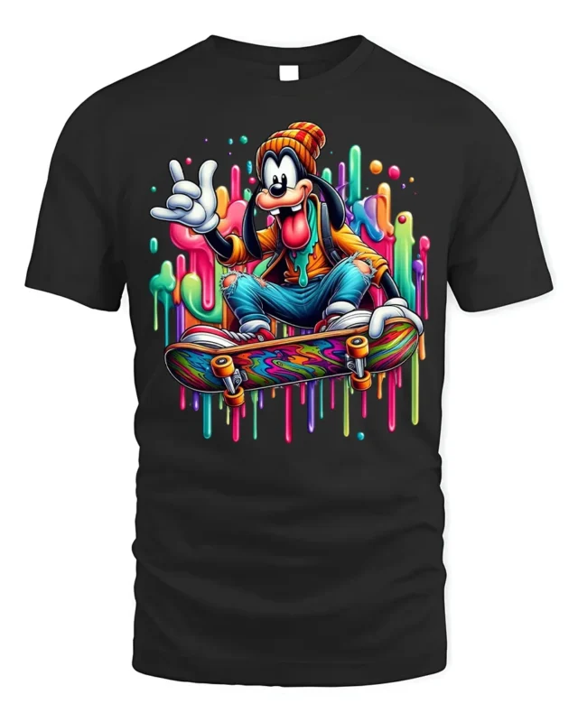Cartoon Skater Drip Art Skateboard Graphic T-Shirt - black t-shirt on white background