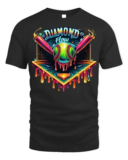 Diamond Flow Softball Drip Neon Graphic T-Shirt Black - black t-shirt on white background
