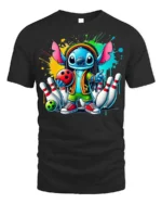 Cartoon Bowling Strike Colorful Graphic T-Shirt Black - black t-shirt on white background