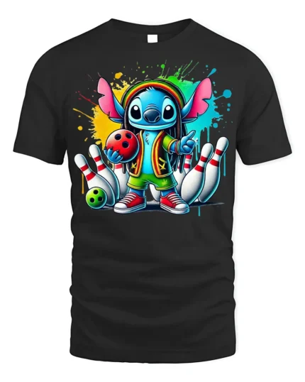 Cartoon Bowling Strike Colorful Graphic T-Shirt Black - black t-shirt on white background