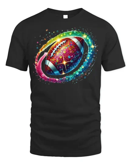 Rainbow Sequin Football Sparkle Graphic T-Shirt Black - black t-shirt on white background