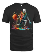 Skeleton Basketball Neon Drip Court Graphic T-Shirt - black t-shirt on white background