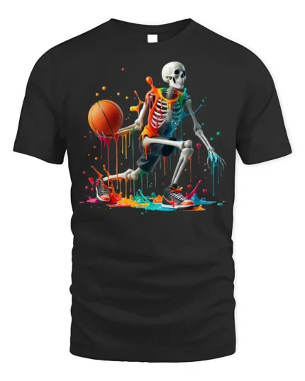 Skeleton Basketball Neon Drip Court Graphic T-Shirt - black t-shirt on white background
