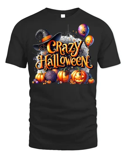 Crazy Halloween Pumpkins Witch Hat Graphic T-Shirt - black t-shirt on white background