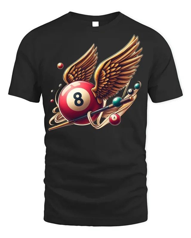 Winged Eight Ball Pool Billiards Graphic T-Shirt - black t-shirt on white background