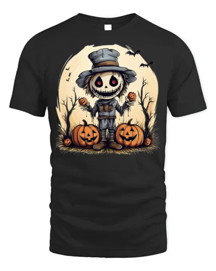 Creepy Scarecrow Pumpkin Halloween Graphic T-Shirt - black t-shirt on white background