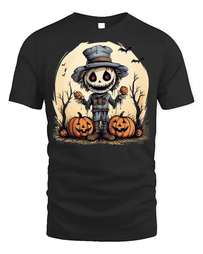 Creepy Scarecrow Pumpkin Halloween Graphic T-Shirt - black t-shirt on white background