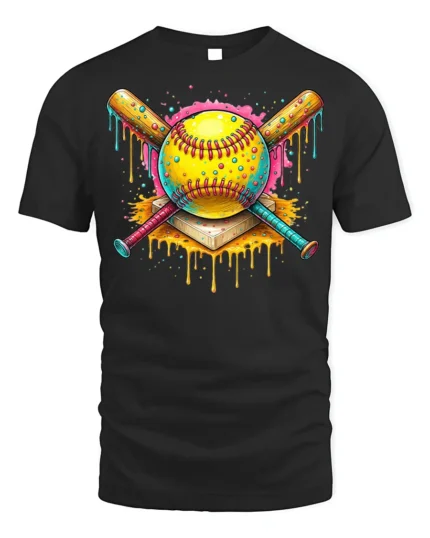 Colorful Softball Drip Bats Graphic T-Shirt Black - black t-shirt on white background