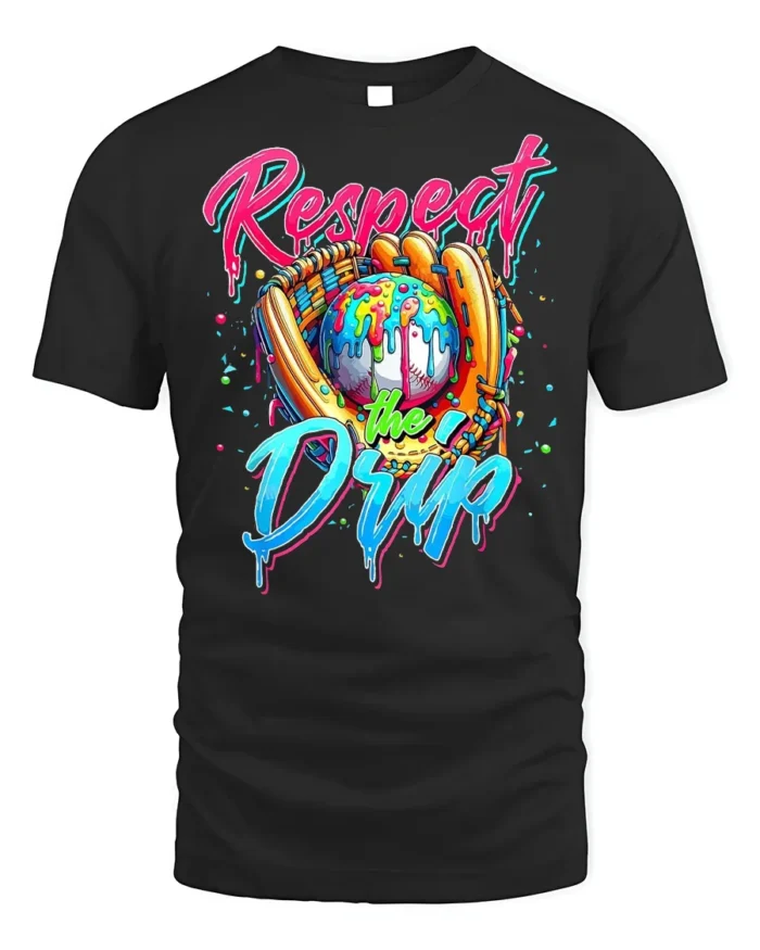 Respect the Drip Baseball Graphic T-Shirt Black - black t-shirt on white background