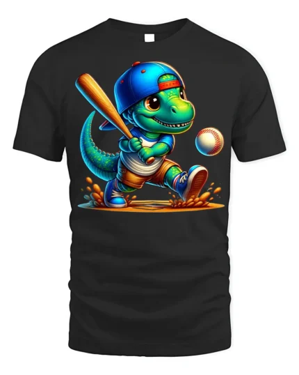 Cute Dinosaur Baseball Batter Graphic T-Shirt Black - black t-shirt on white background