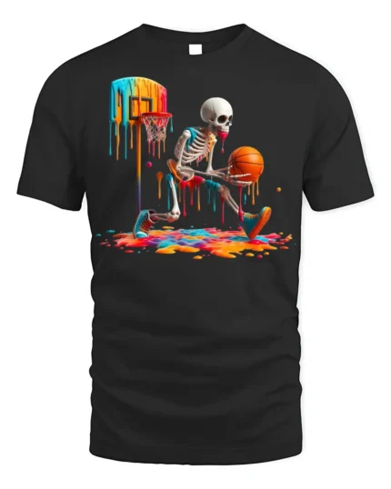 Skeleton Basketball Drip Court Graphic T-Shirt Black - black t-shirt on white background