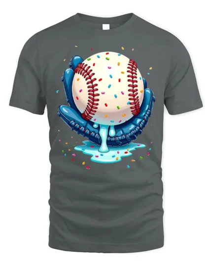 Baseball Ice Cream Drip Glove Graphic T-Shirt Black - gray t-shirt on white background