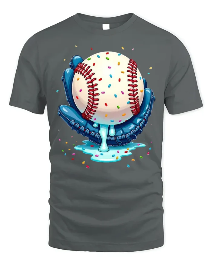 Baseball Ice Cream Drip Glove Graphic T-Shirt Black - gray t-shirt on white background