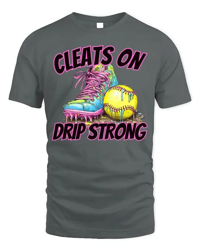 Cleats On Drip Strong Softball Graphic T-Shirt Black - gray t-shirt on white background