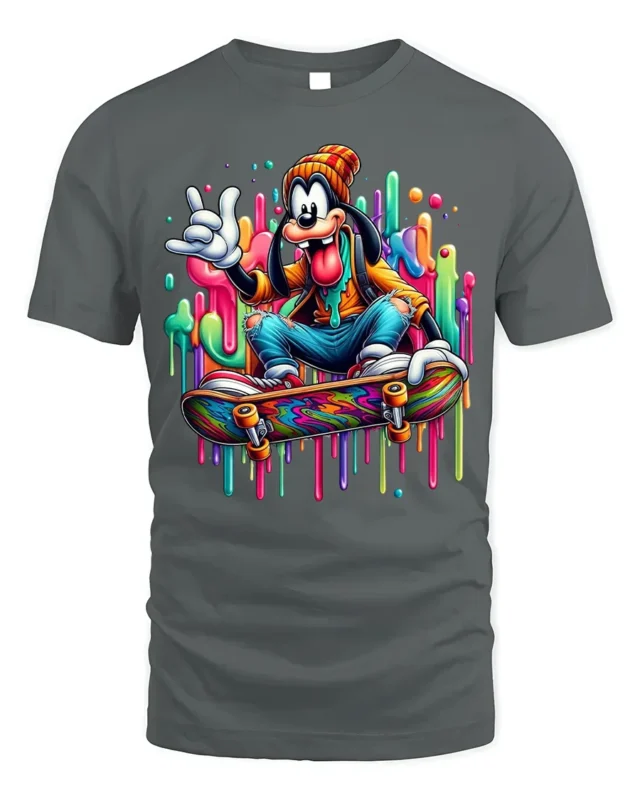 Cartoon Skater Drip Art Skateboard Graphic T-Shirt - gray t-shirt on white background