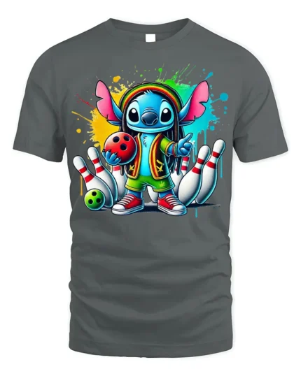 Cartoon Bowling Strike Colorful Graphic T-Shirt Black - gray t-shirt on white background