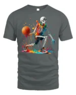 Skeleton Basketball Neon Drip Court Graphic T-Shirt - gray t-shirt on white background
