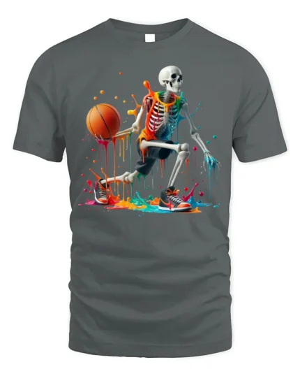 Skeleton Basketball Neon Drip Court Graphic T-Shirt - gray t-shirt on white background