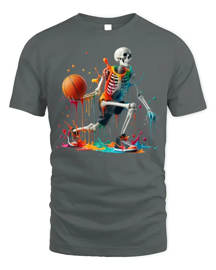 Skeleton Basketball Neon Drip Court Graphic T-Shirt - gray t-shirt on white background