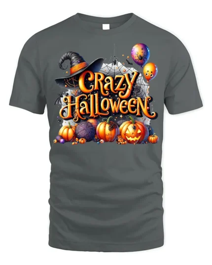 Crazy Halloween Pumpkins Witch Hat Graphic T-Shirt - gray t-shirt on white background