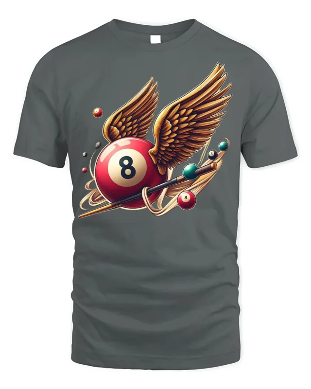 Winged Eight Ball Pool Billiards Graphic T-Shirt - gray t-shirt on white background