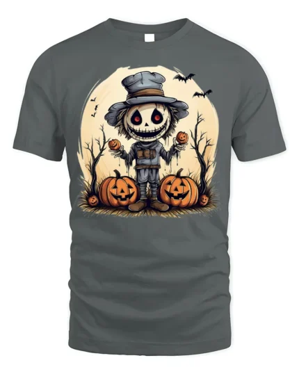 Creepy Scarecrow Pumpkin Halloween Graphic T-Shirt - gray t-shirt on white background