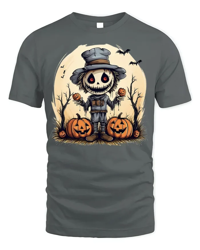 Creepy Scarecrow Pumpkin Halloween Graphic T-Shirt - gray t-shirt on white background