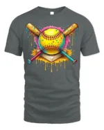 Colorful Softball Drip Bats Graphic T-Shirt Black - gray t-shirt on white background