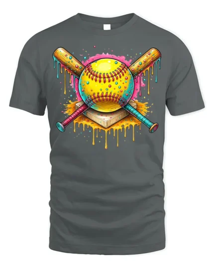Colorful Softball Drip Bats Graphic T-Shirt Black - gray t-shirt on white background