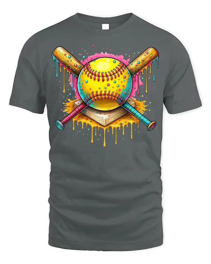 Colorful Softball Drip Bats Graphic T-Shirt Black - gray t-shirt on white background