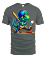 Cute Dinosaur Baseball Batter Graphic T-Shirt Black - gray t-shirt on white background