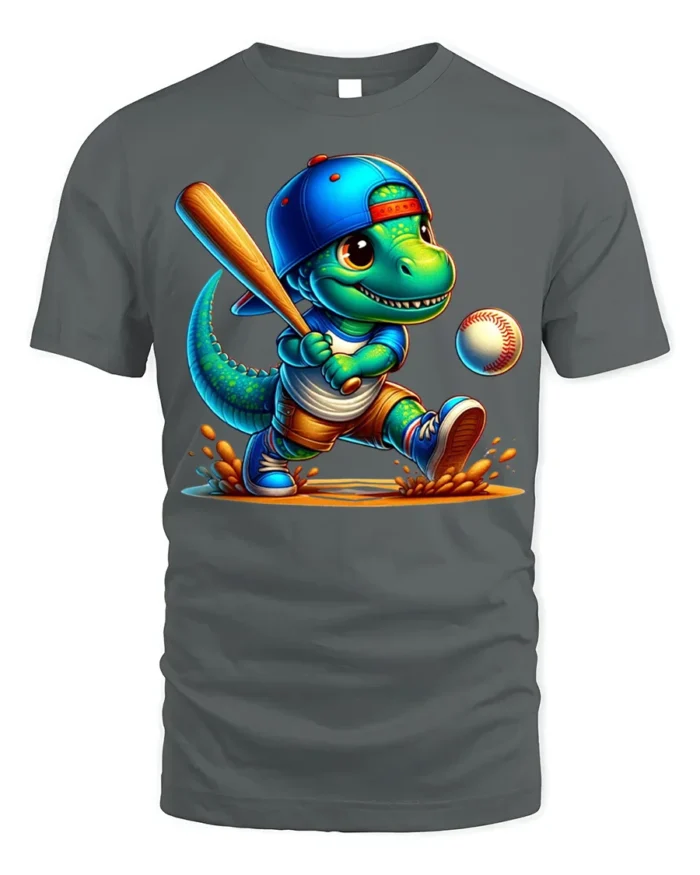 Cute Dinosaur Baseball Batter Graphic T-Shirt Black - gray t-shirt on white background
