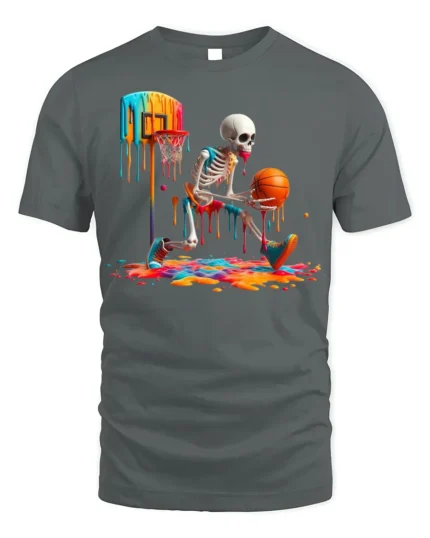 Skeleton Basketball Drip Court Graphic T-Shirt Black - gray t-shirt on white background