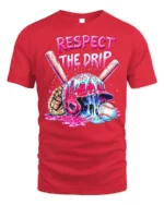 Respect the Drip Baseball Helmet Graphic T-Shirt - red t-shirt on white background