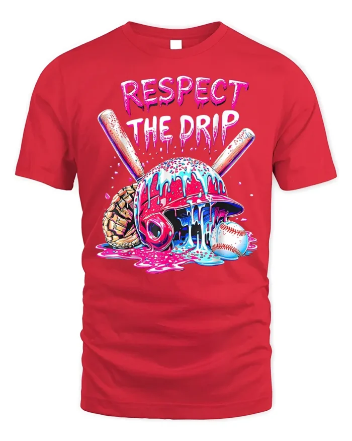 Respect the Drip Baseball Helmet Graphic T-Shirt - red t-shirt on white background